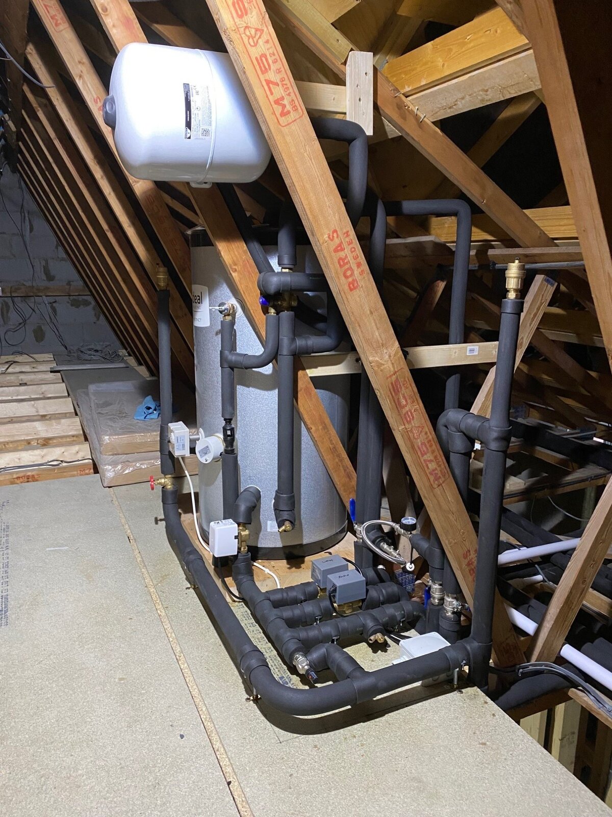 Pressurised cylinder and pipework installation in loft