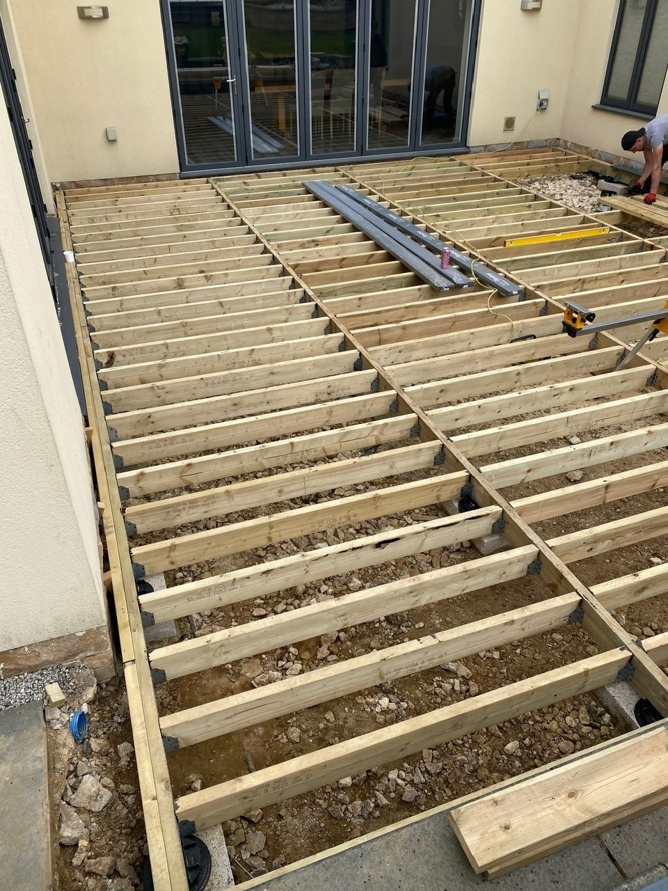Large decking subframe with joists and noggins installed